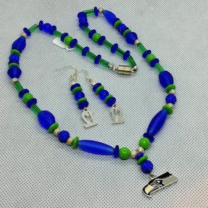 Seahawks Inspired Bead Necklace  and Earring set  11 1/2"